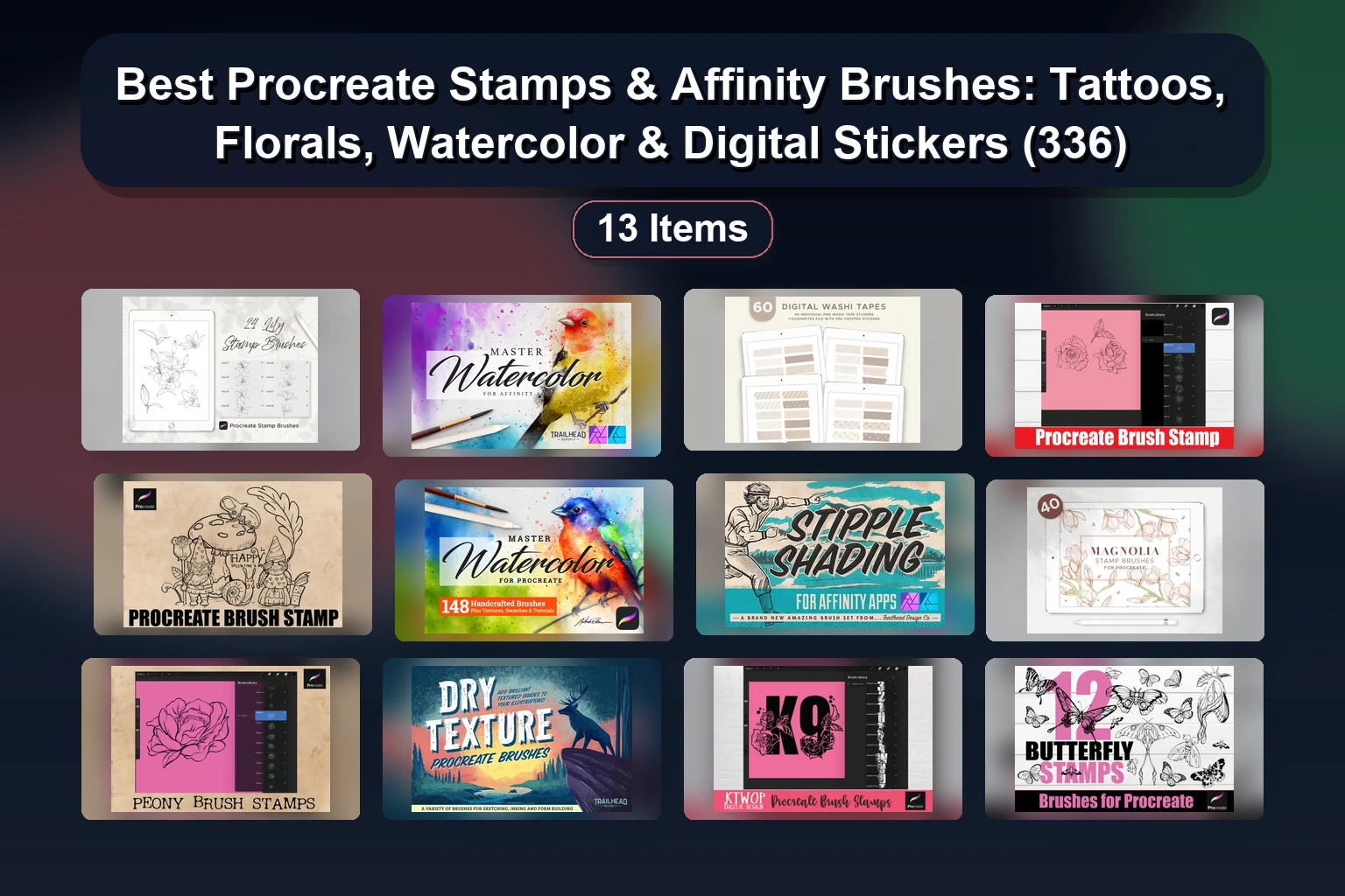 Best Procreate Stamps & Affinity Brushes: Tattoos, Florals, Watercolor & Digital Stickers (336)