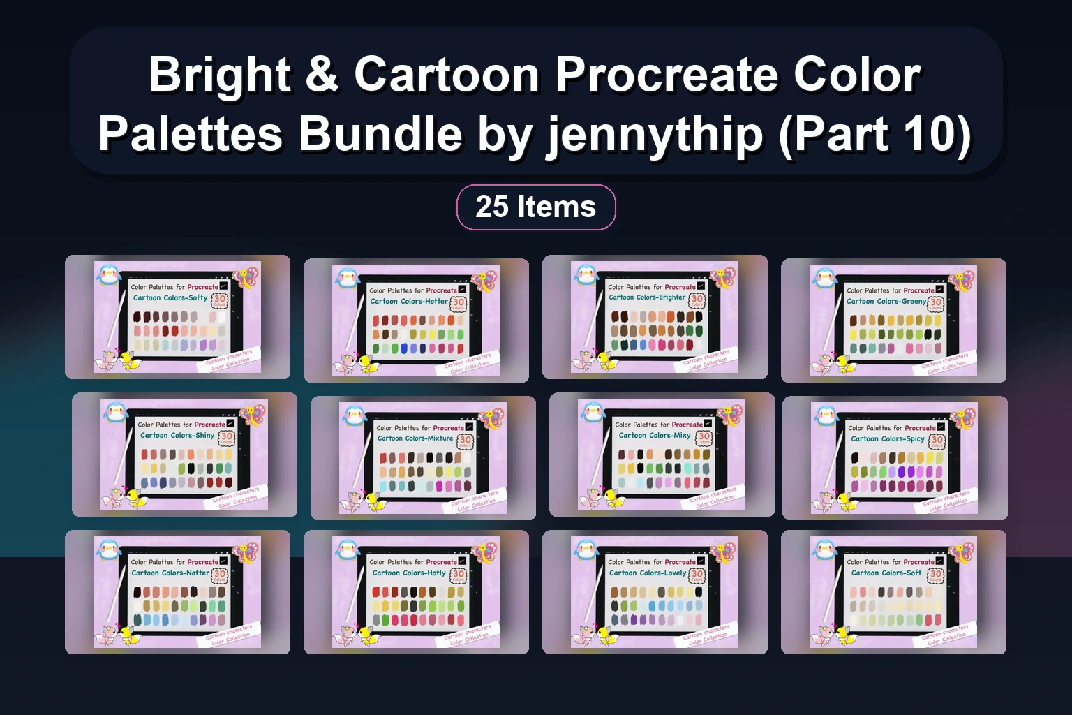Jennythip Collection Part 11: Birthday, Cartoon & Wild Flowers Procreate Color Palettes