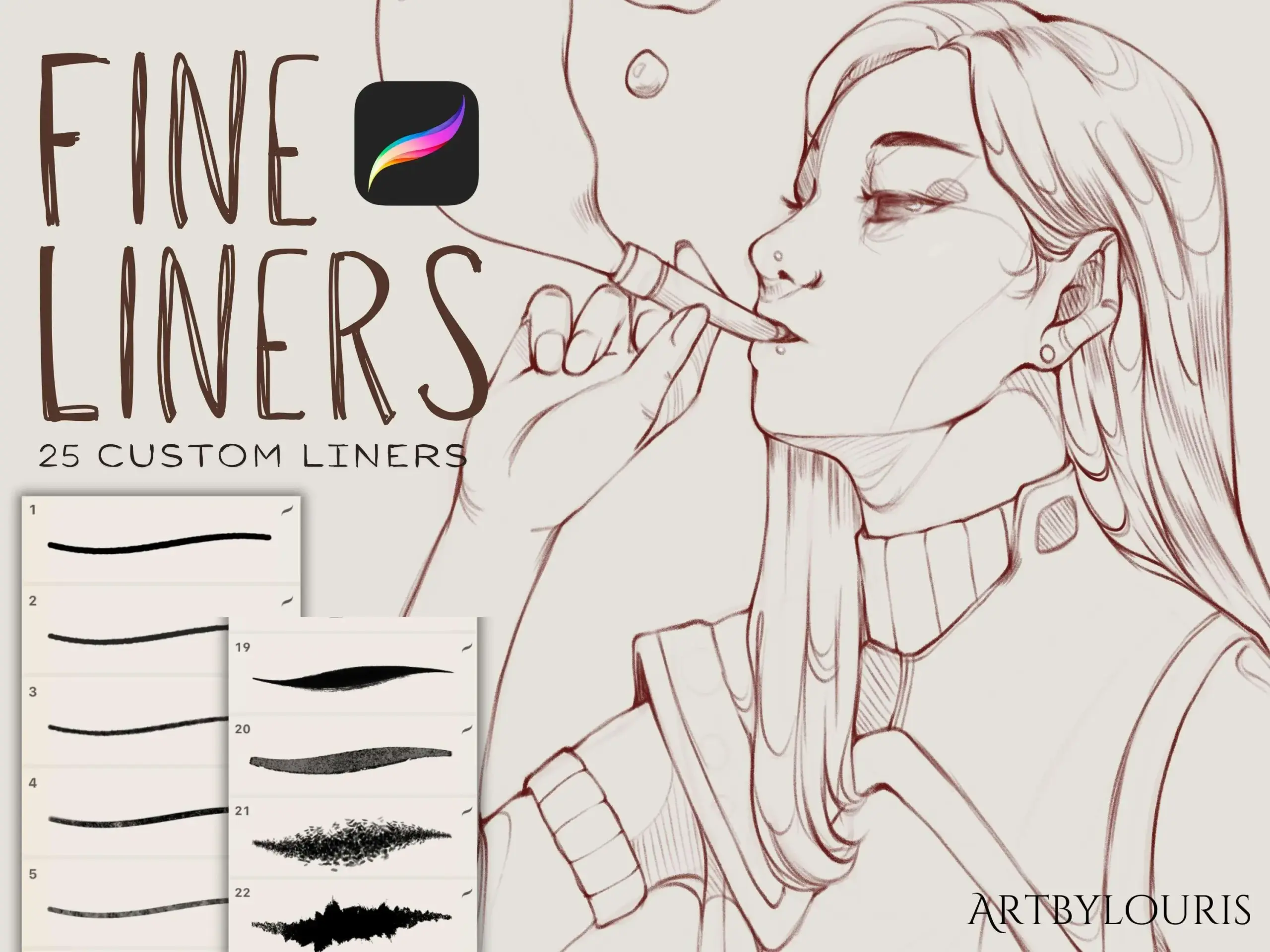 25 Procreate Fine Liner Brush Set: Texture, Inking, Outline (Digital Download)