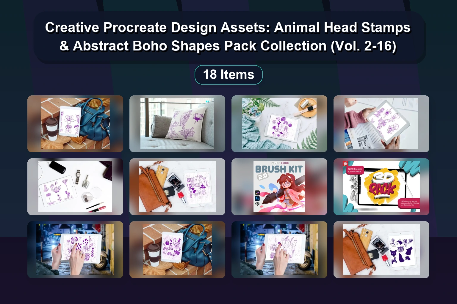 15+ Abstract Boho Shapes, Animal Brush Stamps & Lettering Masterclass for Procreate – Digital Art Assets Collection