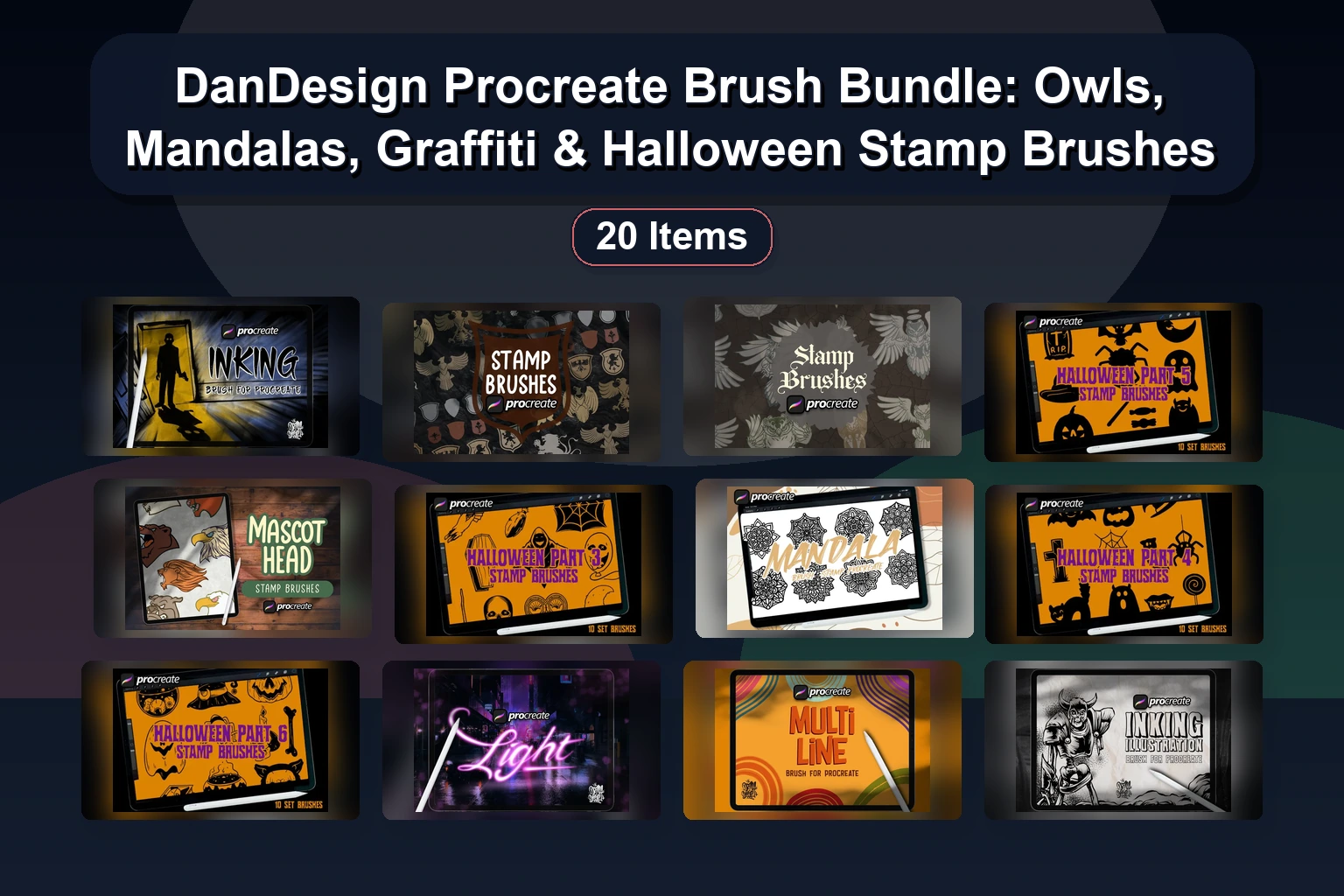 20 Procreate Stamp Brushes & Fonts: Valentine, Tropical, Skull, Retro, Pop Art & 3D Pack by Dansdesign
