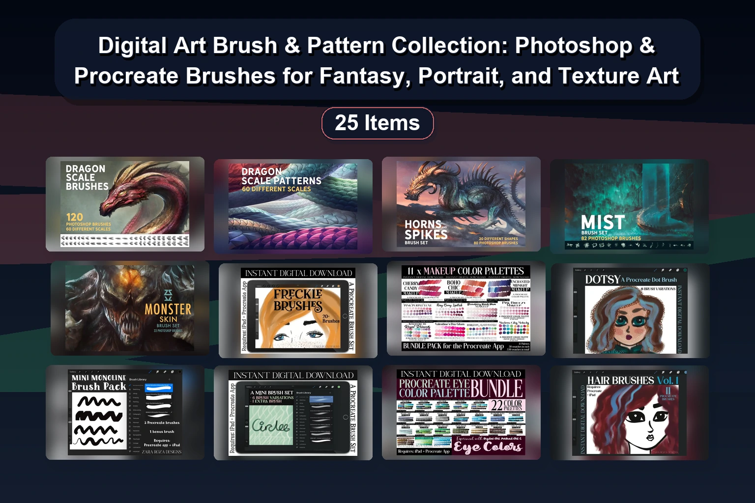 Digital Art Brush & Pattern Collection: Photoshop & Procreate Brushes for Fantasy, Portrait, and Texture Art 1 Digital Art Brush & Pattern Collection: Photoshop & Procreate Brushes for Fantasy, Portrait, and Texture Art Digital Art Brush Pattern Collection Photoshop Procreate B collage 32750403 1781854453
