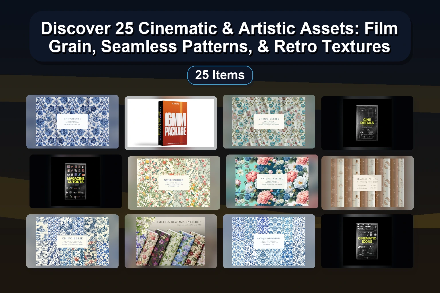 Discover 25 Cinematic & Artistic Assets: Film Grain, Seamless Patterns, & Retro Textures