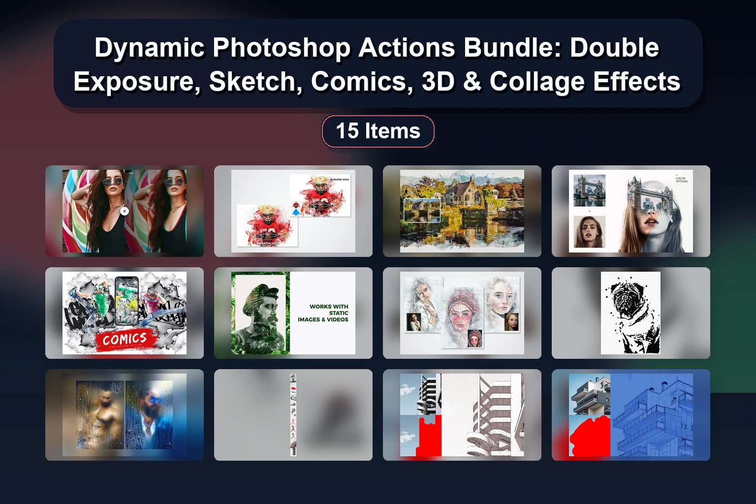 Dynamic Photoshop Actions Bundle: Double Exposure, Sketch, Comics, 3D & Collage Effects
