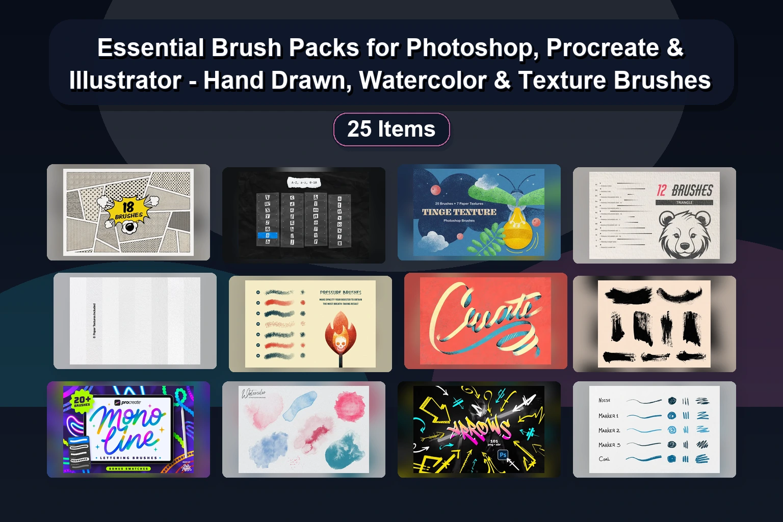 21 Digital Art Brush Sets for Photoshop & Procreate: Wireframes, Neon, Fur & Halftones