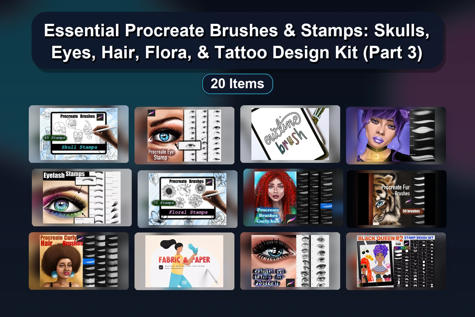 Essential Procreate Brushes & Stamps: Skulls, Eyes, Hair, Flora, & Tattoo Design Kit (Part 3) Essential Procreate Brushes Stamps Skulls Eyes Hair Flora collage 63a5a23f 1781837198