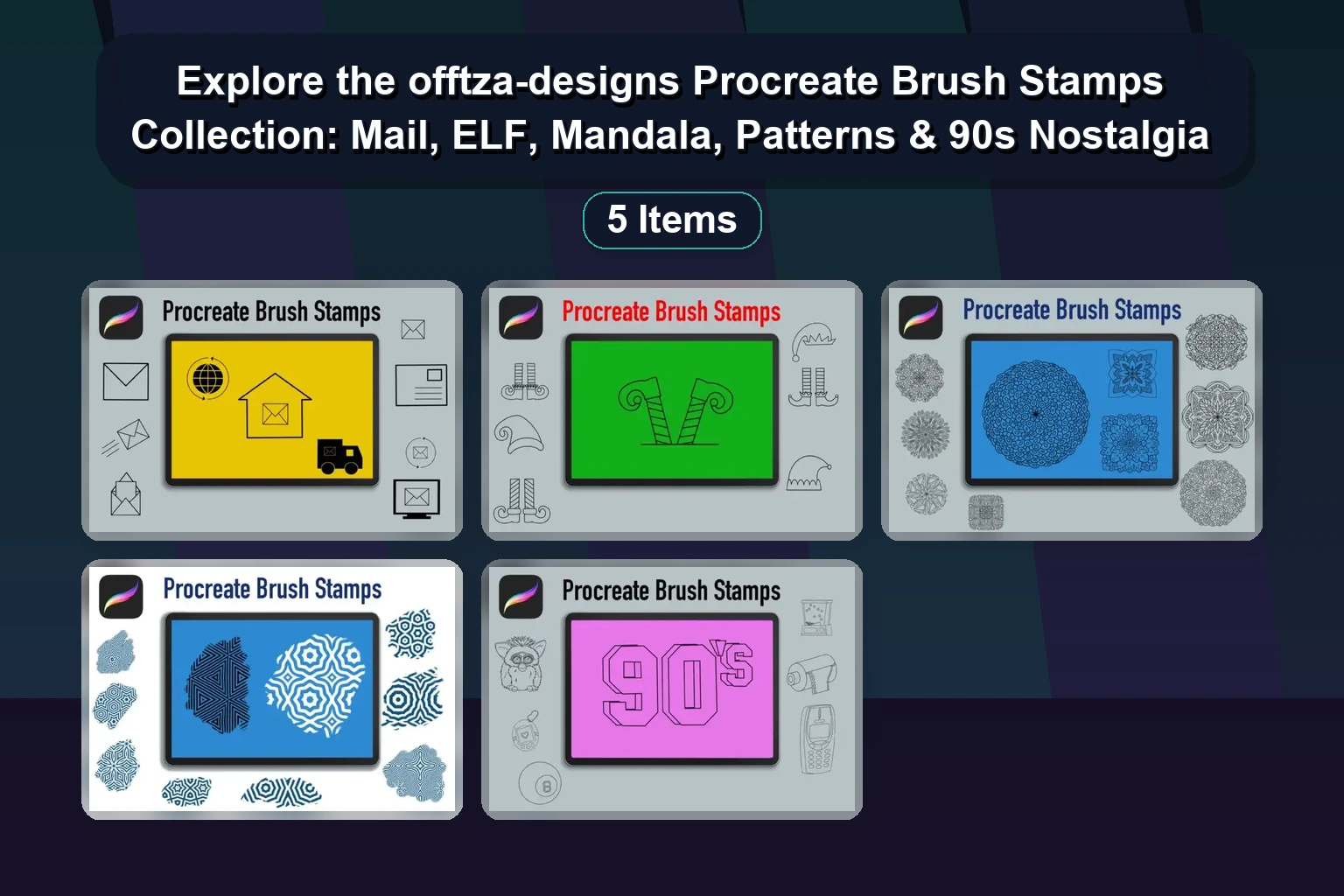 Explore the offtza-designs Procreate Brush Stamps Collection: Mail, ELF, Mandala, Patterns & 90s Nostalgia