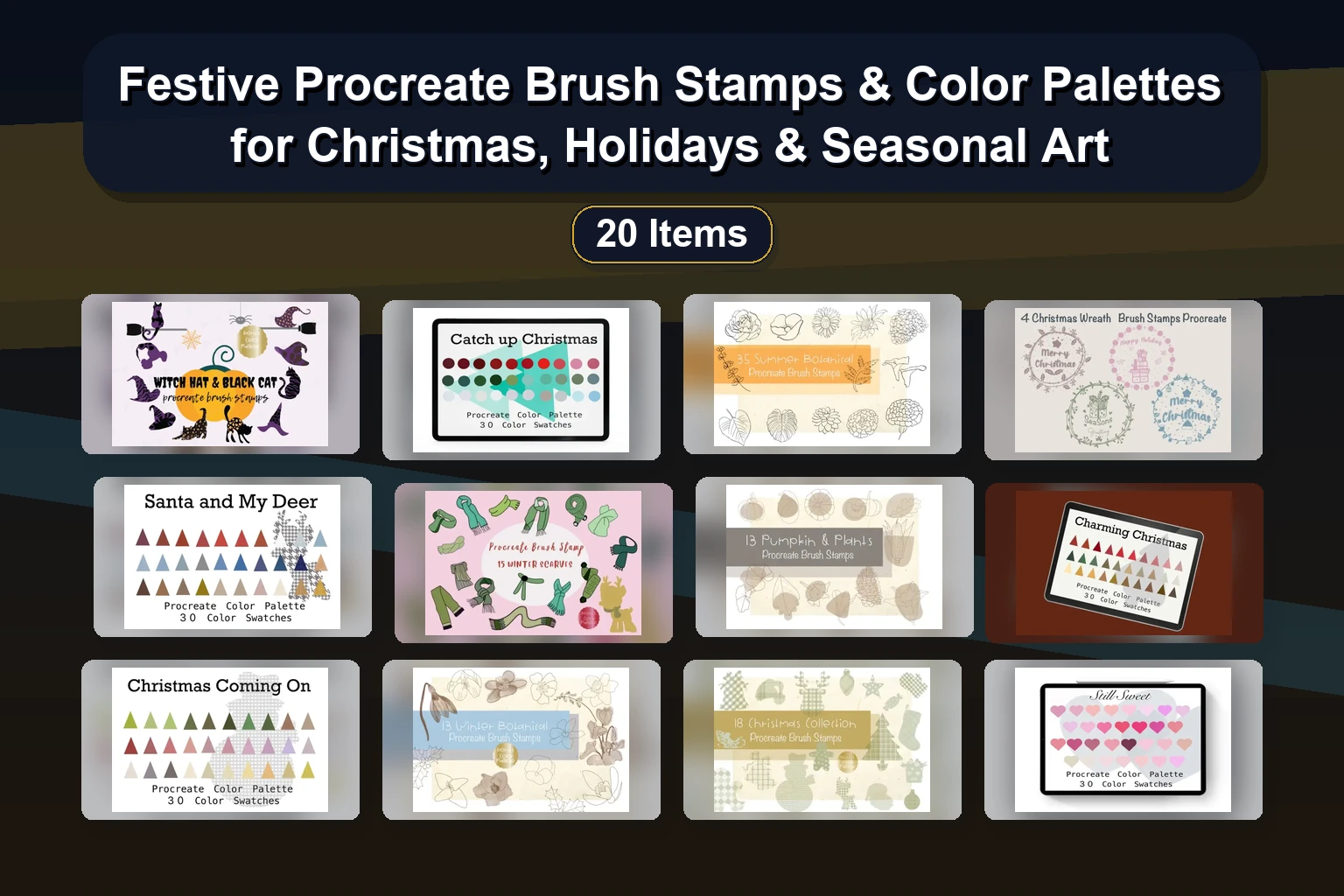 20 Hand-Drawn Procreate Brush Stamps, Palettes & Digital Art Supplies for Festive, Vintage & Seasonal Designs