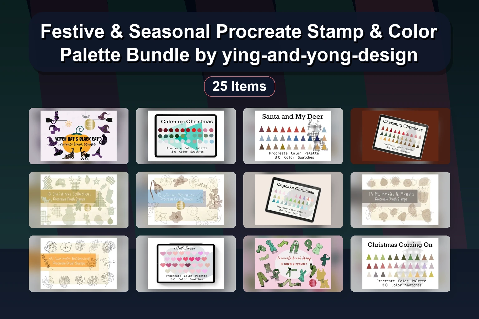 Festive & Seasonal Procreate Stamp & Color Palette Bundle by ying-and-yong-design Festive & Seasonal Procreate Stamp & Color Palette Bundle by ying-and-yong-design