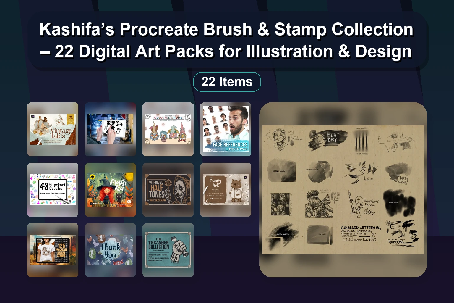 Kashifa’s Procreate Brush & Stamp Collection – 22 Digital Art Packs for Illustration & Design