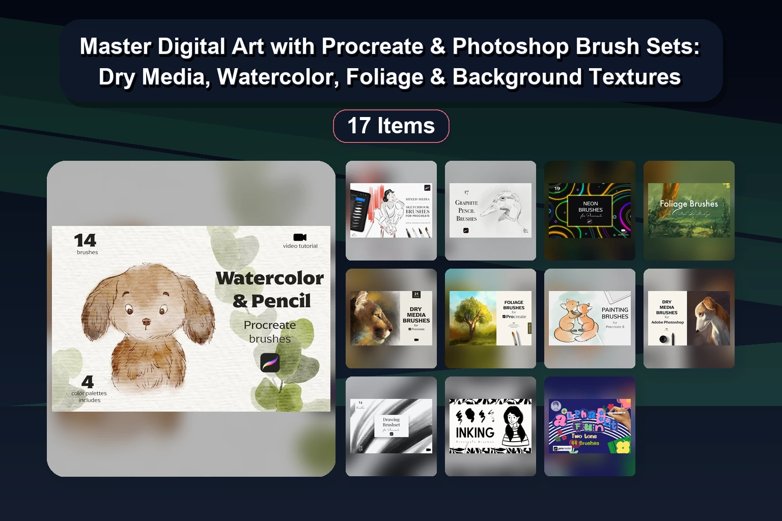 23 Creative Procreate Brushes & Photoshop Assets: Stamps, Textures & Abstract Shapes Pack