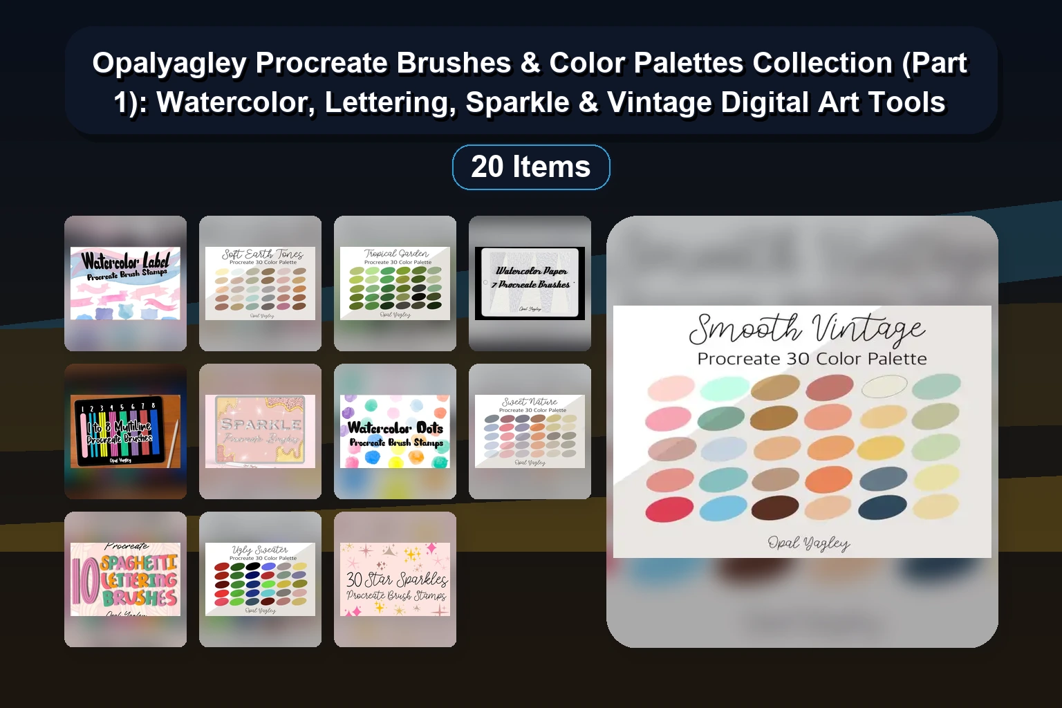 Opalyagley Procreate Brushes & Color Palettes Collection (Part 1): Watercolor, Lettering, Sparkle & Vintage Digital Art Tools