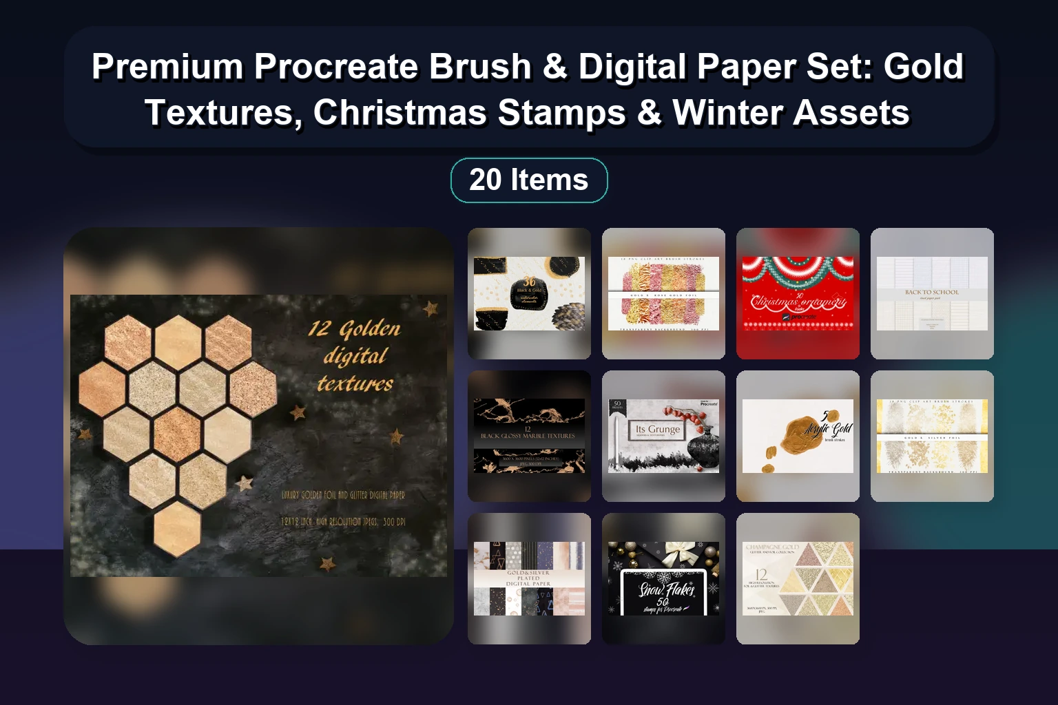 Premium Procreate Brush & Digital Paper Set: Gold Textures, Christmas Stamps & Winter Assets