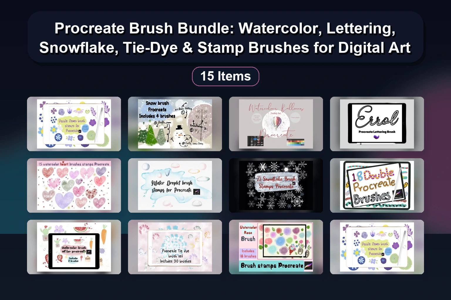 15 Snowflakes, Washi Tapes, Dotted Lines, Glitter, Birds, Watercolour, Comic, Geometric & Chalk Procreate Brushes & Stamps Collection
