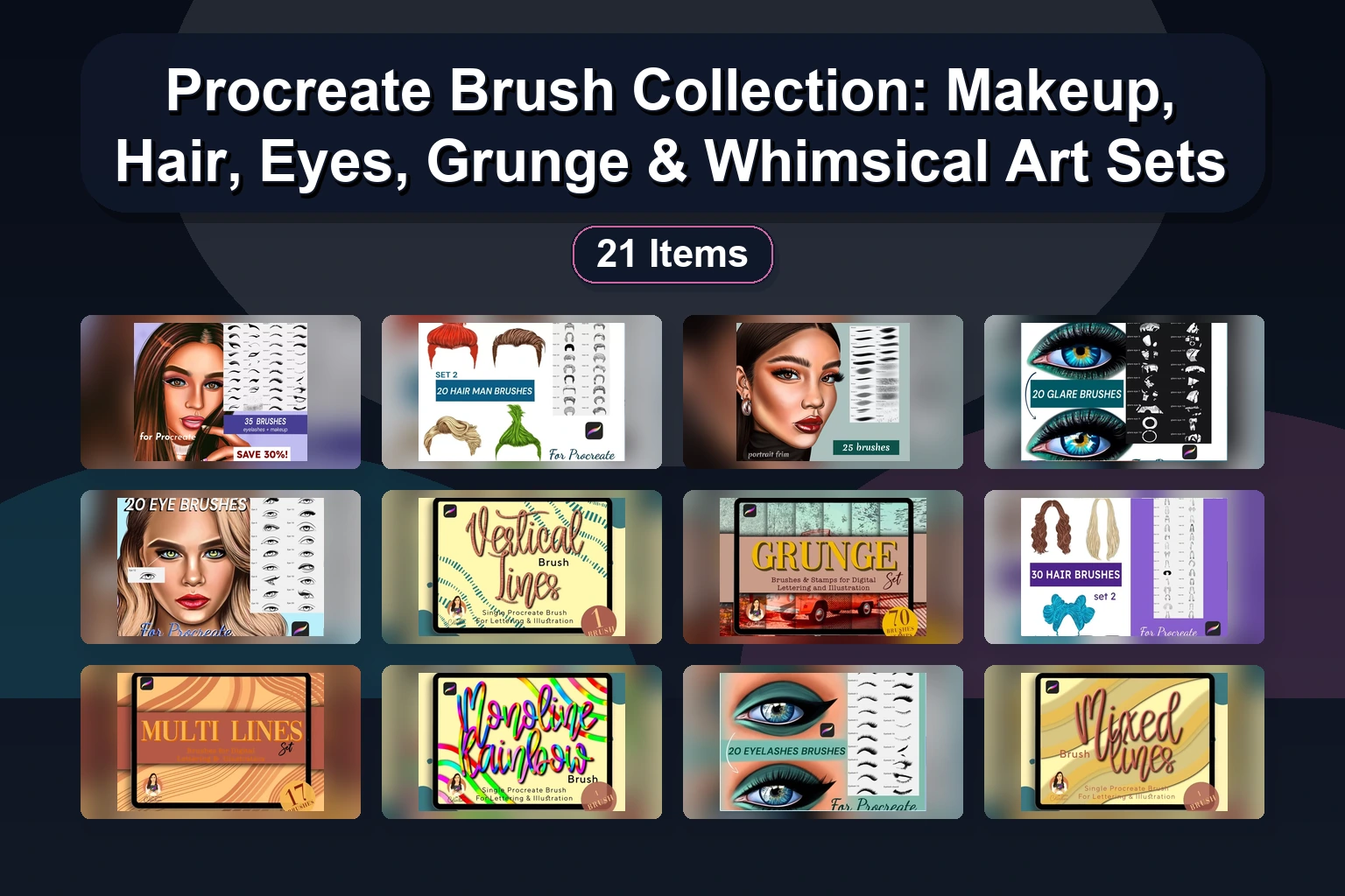 Procreate Brush Collection: Makeup, Hair, Eyes, Grunge & Whimsical Art Sets