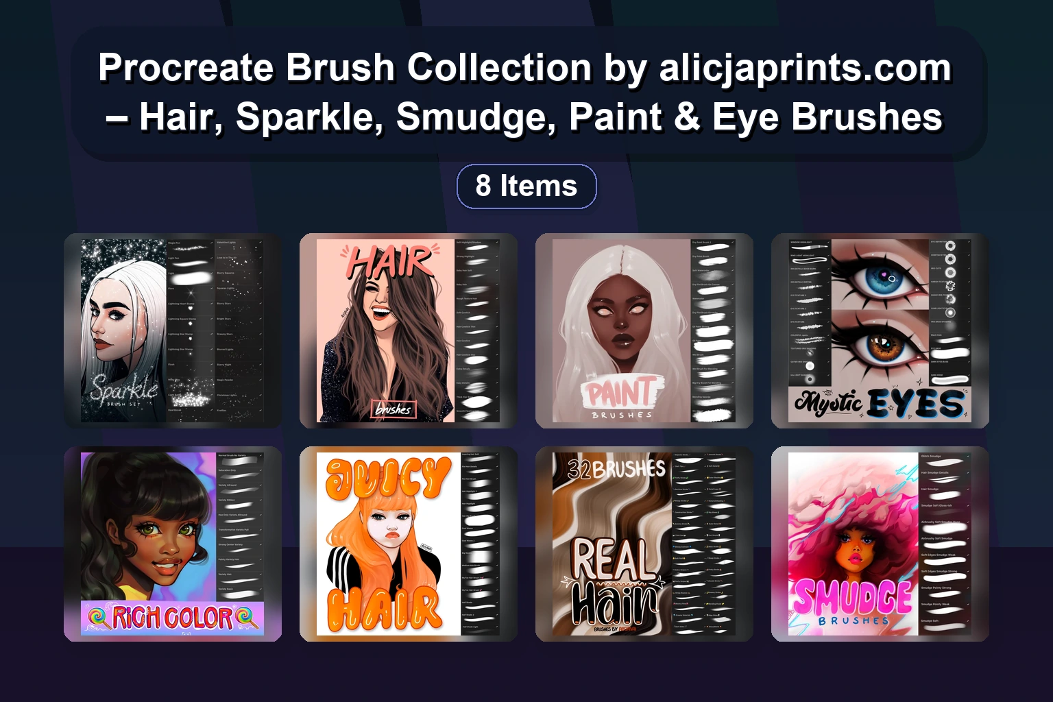 Procreate Brush Collection by alicjaprints.com – Hair, Sparkle, Smudge, Paint & Eye Brushes 1 Procreate Brush Collection by alicjaprints.com – Hair, Sparkle, Smudge, Paint & Eye Brushes Procreate Brush Collection by alicjaprintscom Hair Sparkle collage b190cbf7 1781887578