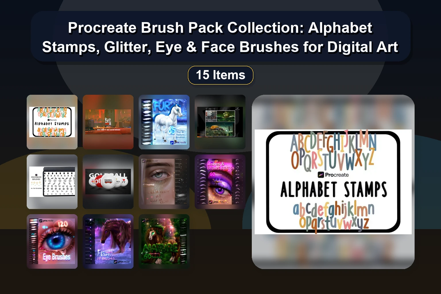 Procreate Brush Pack Collection: Alphabet Stamps, Glitter, Eye & Face Brushes for Digital Art Procreate Brush Pack Collection Alphabet Stamps Glitter Eye collage 90366d5f 1781856379
