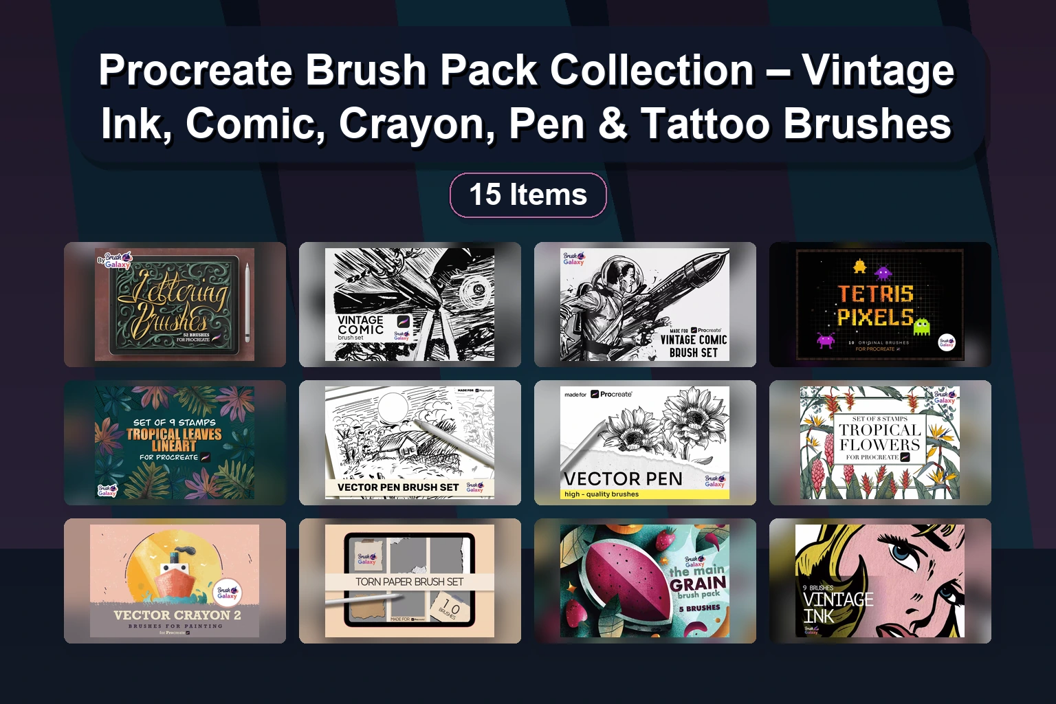 Procreate Brush Pack Collection: Tattoo Lettering, Hair, Galaxy & Sparkle Brushes for Digital Art