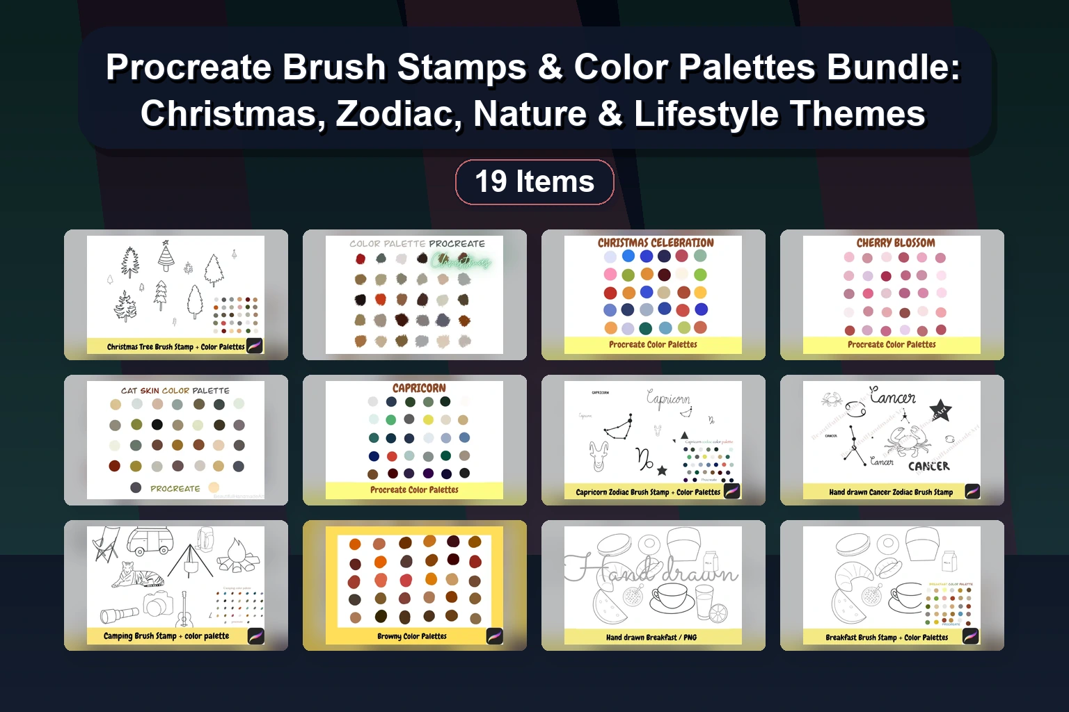 Procreate Brush Stamps & Color Palettes Bundle: Christmas, Zodiac, Nature & Lifestyle Themes