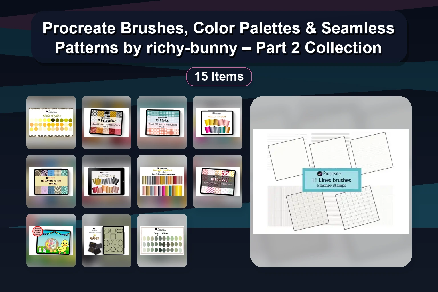 Richy-Bunny Procreate Brushes & Color Palettes: Hologram Gradients, Hair Colors & Stamps Collection Part 3