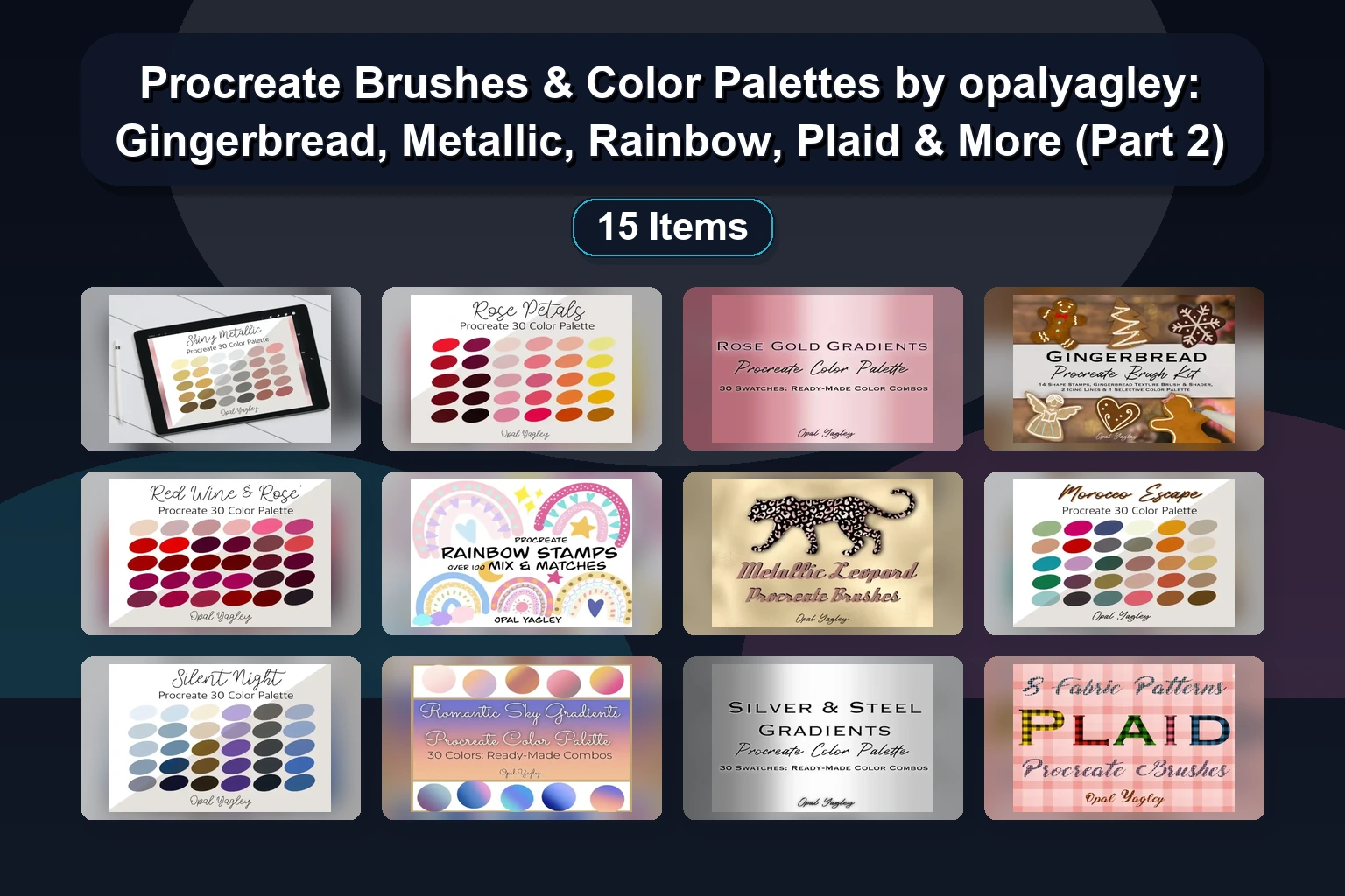 Procreate Brushes & Color Palettes by opalyagley: Gingerbread, Metallic, Rainbow, Plaid & More (Part 2)