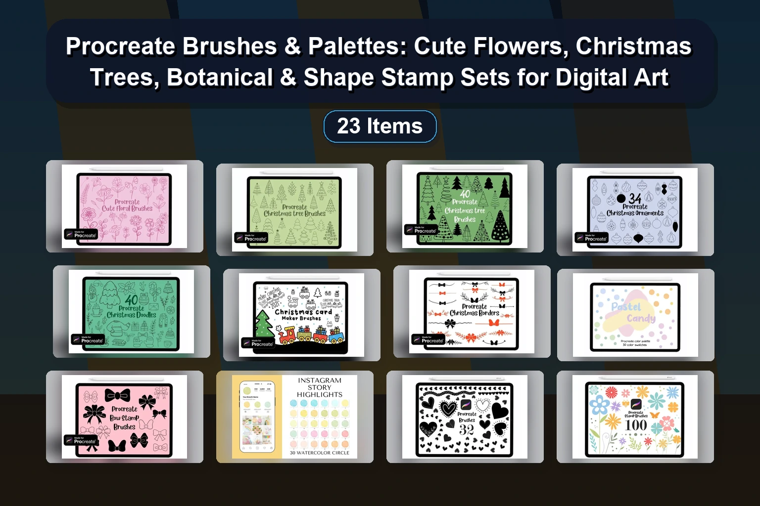 Procreate Brushes & Palettes: Cute Flowers, Christmas Trees, Botanical & Shape Stamp Sets for Digital Art