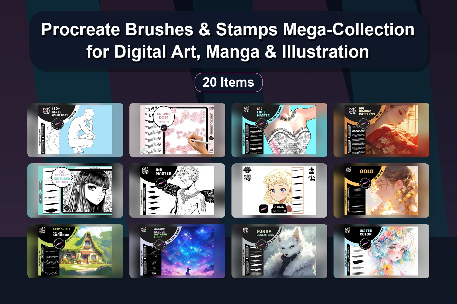 Essential Procreate Brushes & Tools Bundle: From Silky Hair to Manga & Retro Textures