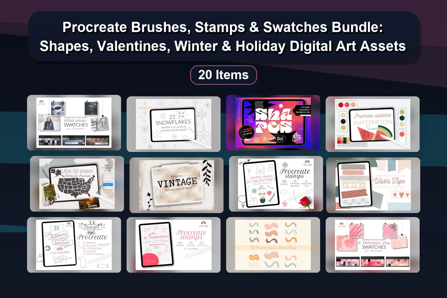 Procreate Brushes, Stamps & Swatches Bundle: Shapes, Valentines, Winter & Holiday Digital Art Assets