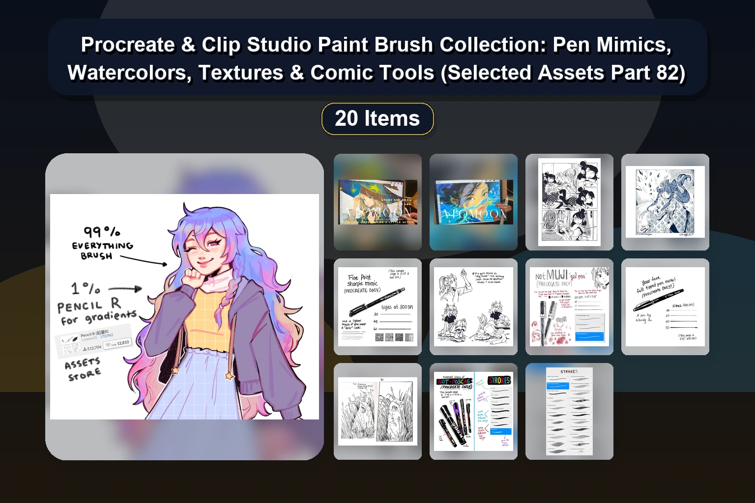Procreate & Clip Studio Paint Brush Collection: Pen Mimics, Watercolors, Textures & Comic Tools (Selected Assets Part 82)