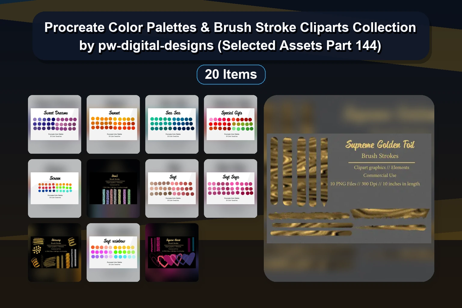 20 Procreate Color Palettes & Brush Stroke Clipart Elements by pw-digital-designs (Selected Assets Part 143)