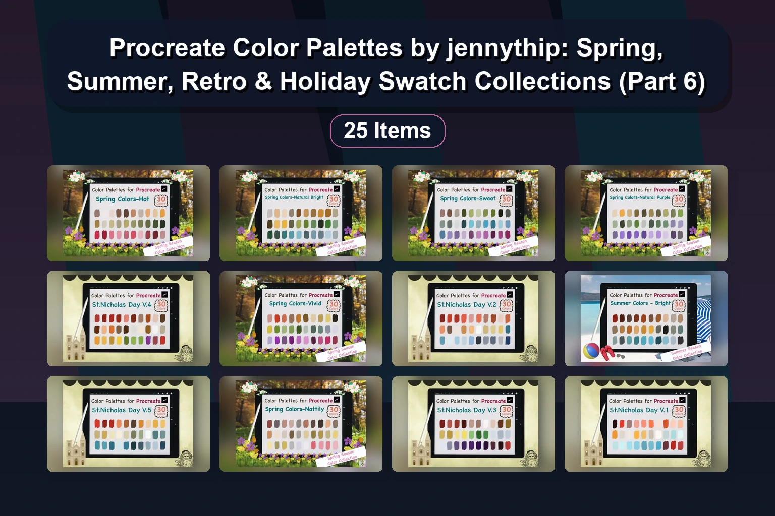 Easter & Holiday Procreate Color Palettes by jennythip – Part 9 Collection of 25 Pastel, Bright & Vintage Swatches