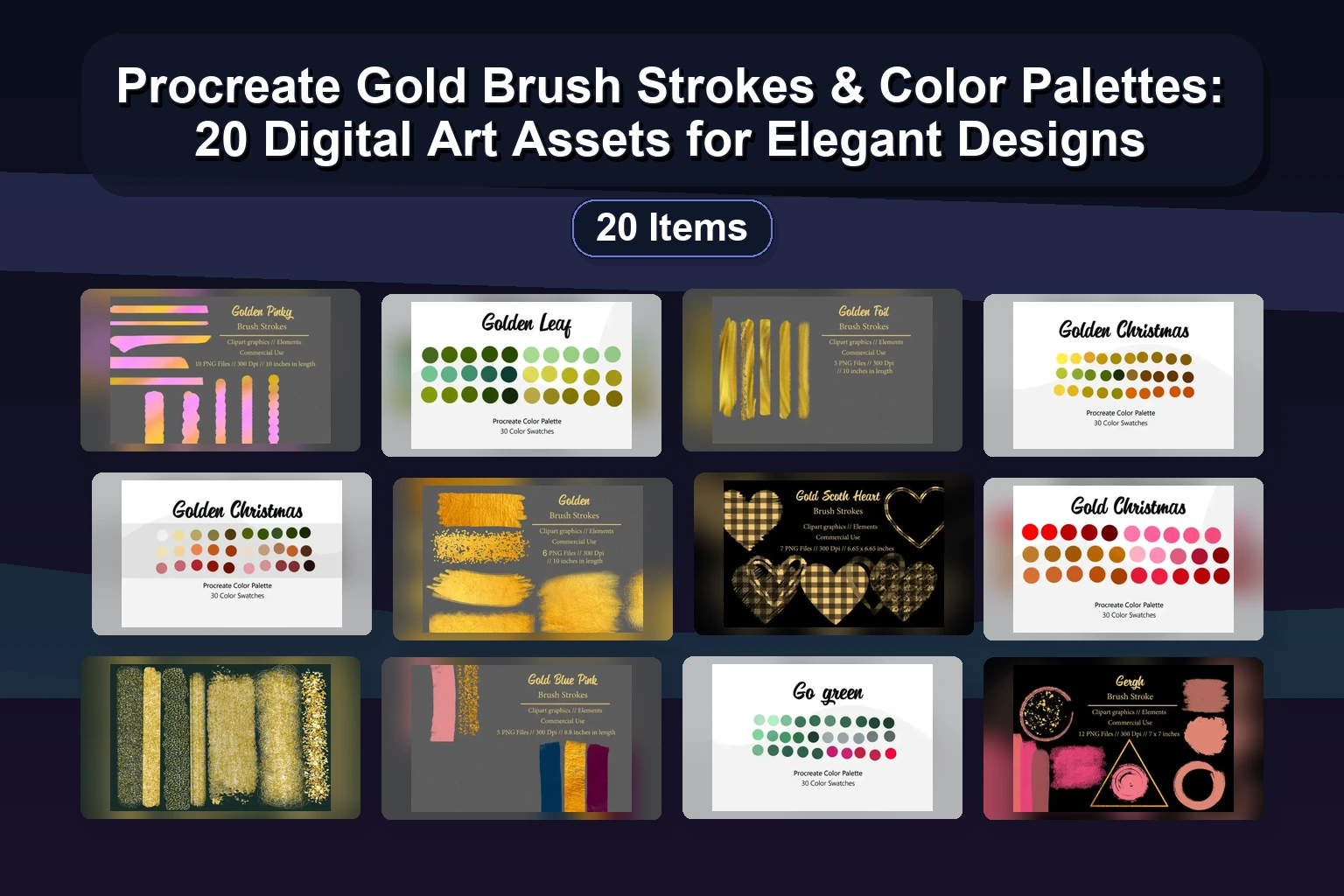 Procreate Gold Brush Strokes & Color Palettes: 20 Digital Art Assets for Elegant Designs