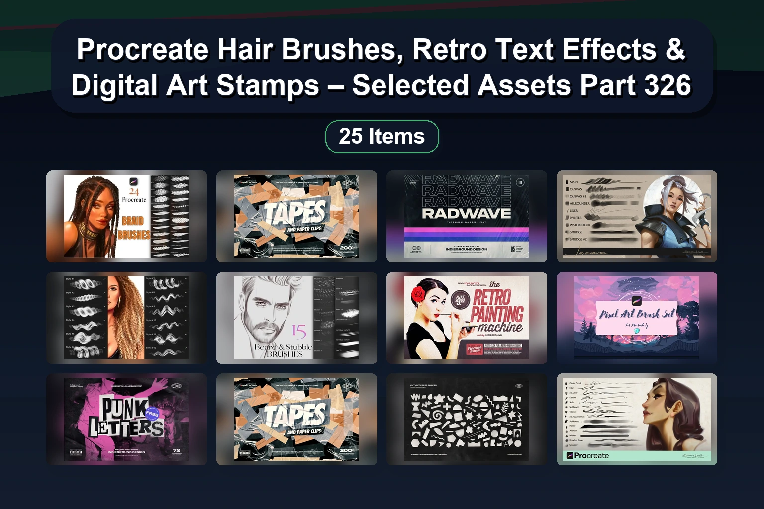 Procreate Hair Brushes, Retro Text Effects & Digital Art Stamps – Selected Assets Part 326