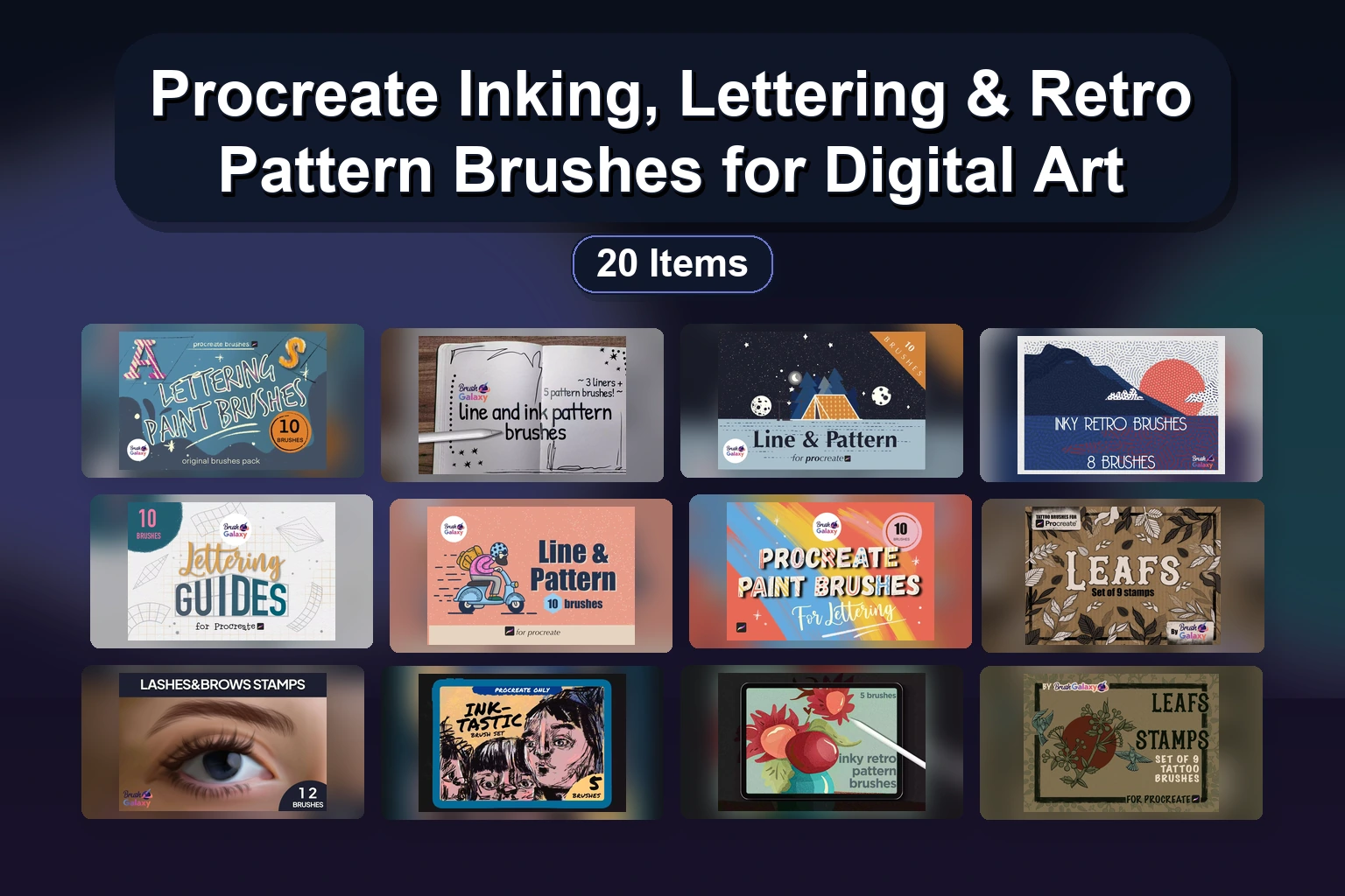 20 Ink & Watercolor Procreate Brushes, Stamps, Textures, and Palettes for Digital Art