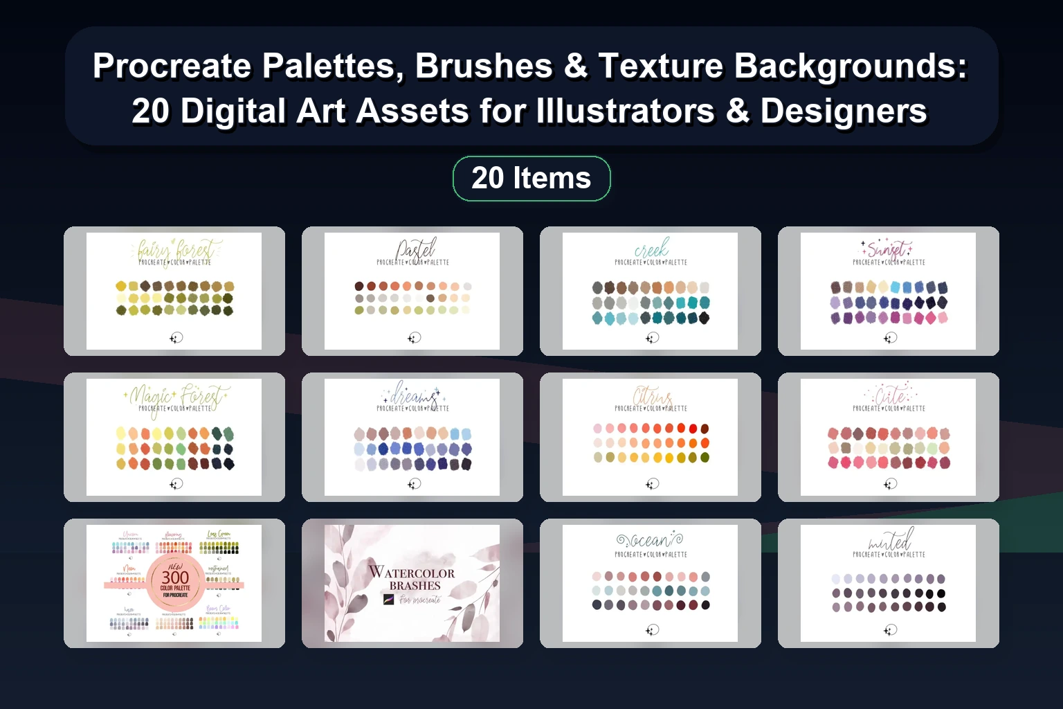 20 Procreate Stamp Brushes & Color Palettes: Animals, Flora, Comics & More