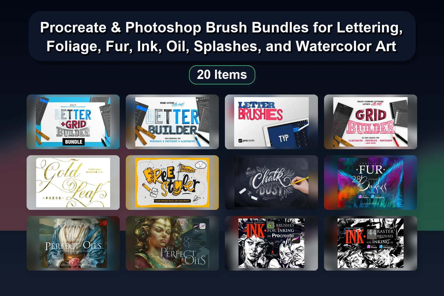 Procreate & Photoshop Brush Bundles for Lettering, Foliage, Fur, Ink, Oil, Splashes, and Watercolor Art Procreate Photoshop Brush Bundles for Lettering Foliage Fur collage 7966e914 1781856279