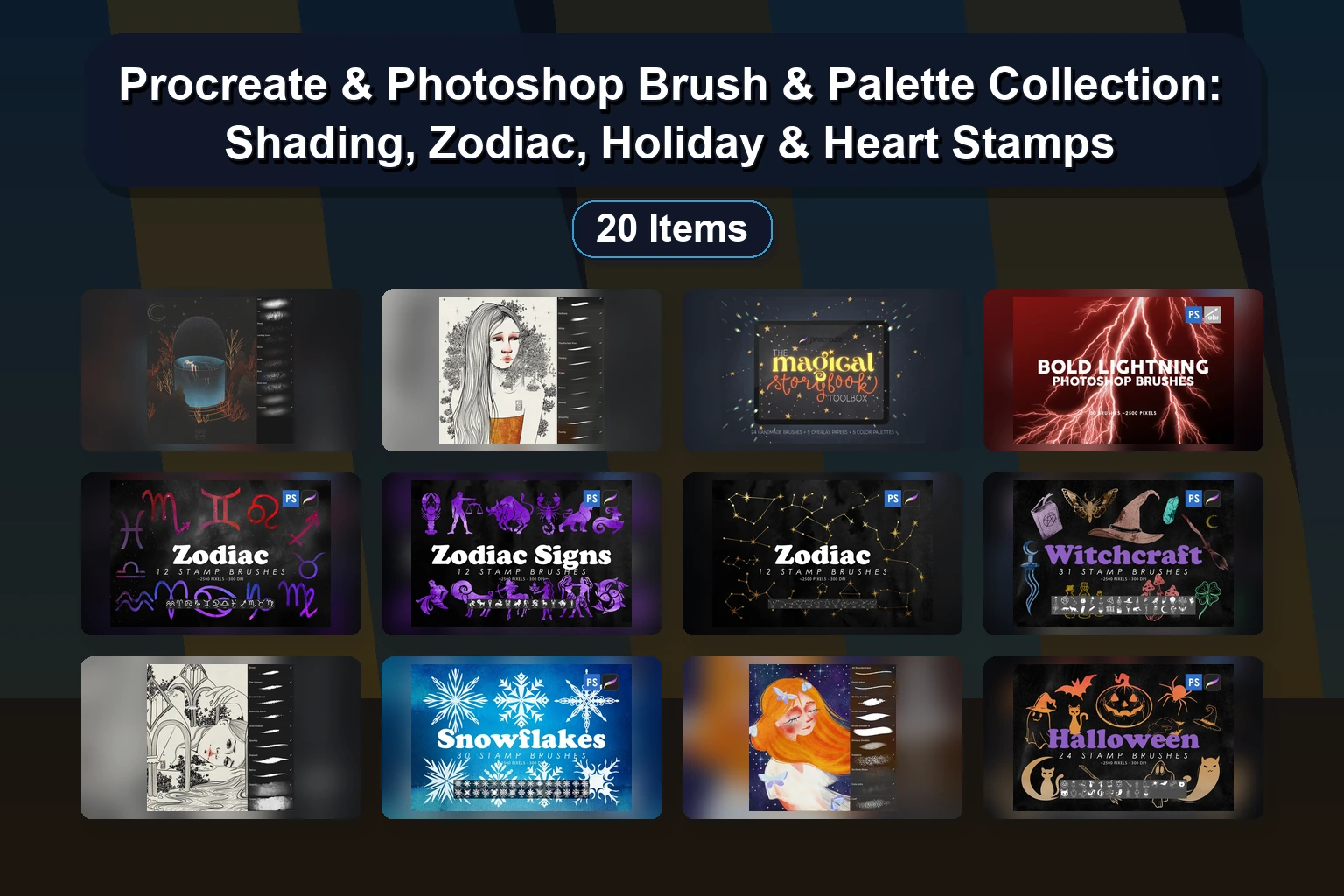 Procreate & Photoshop Brush & Palette Collection: Shading, Zodiac, Holiday & Heart Stamps Procreate Photoshop Brush Palette Collection Shading Zodia collage 32fb669b 1781838749