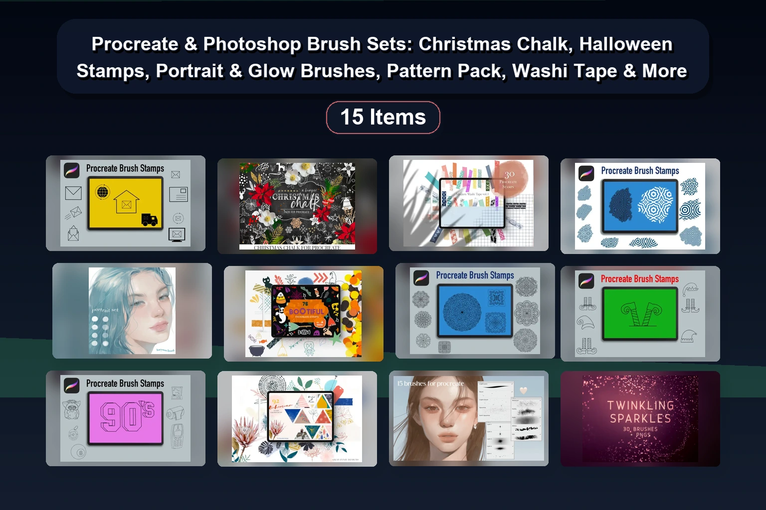 15 Themed Photoshop & Procreate Brush Sets for Digital Art & Lettering