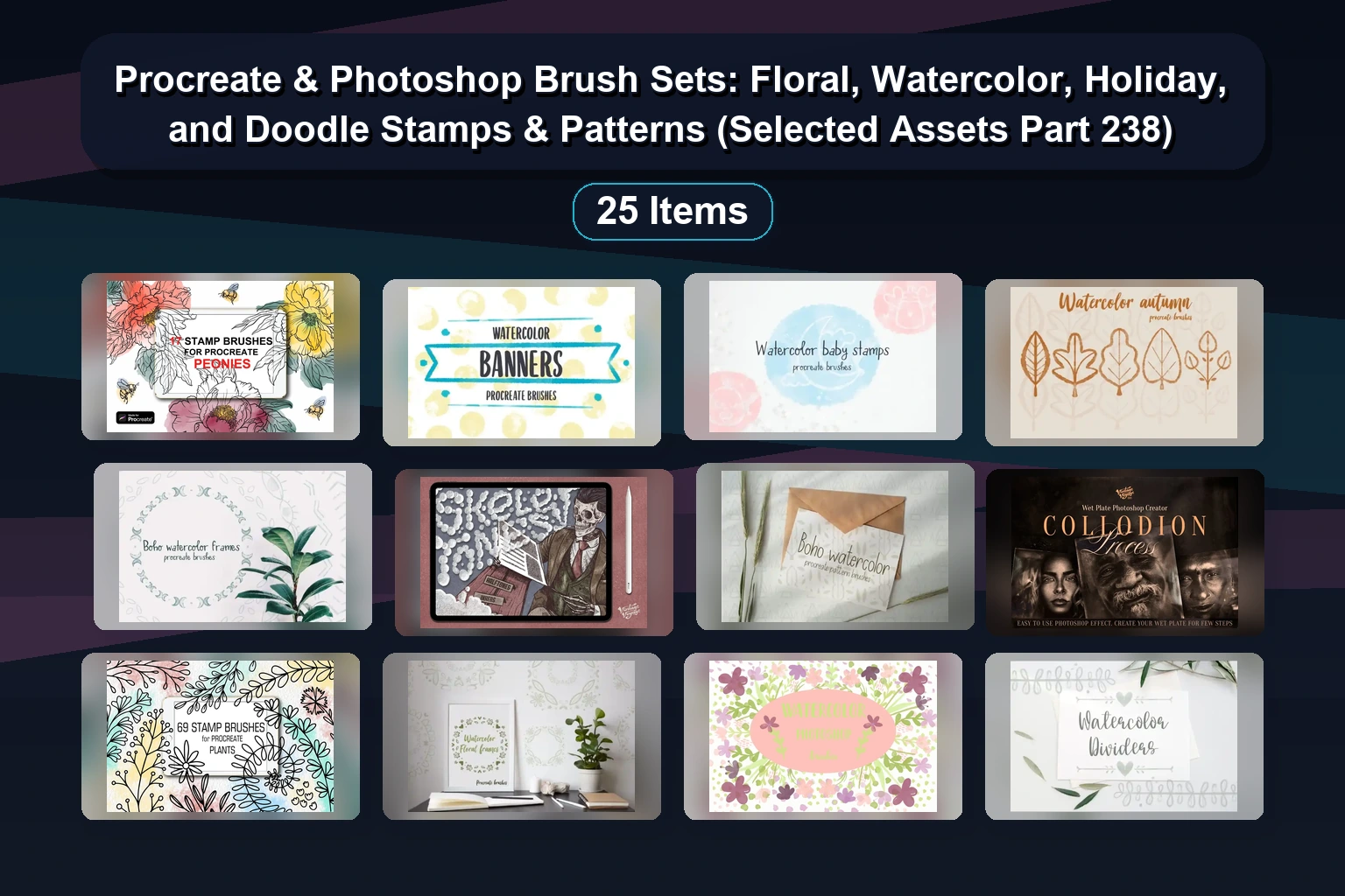 25 Procreate Brush Stamps & Pattern Sets for Kawaii Faces, Halloween, Fashion, Floral & Boho Art