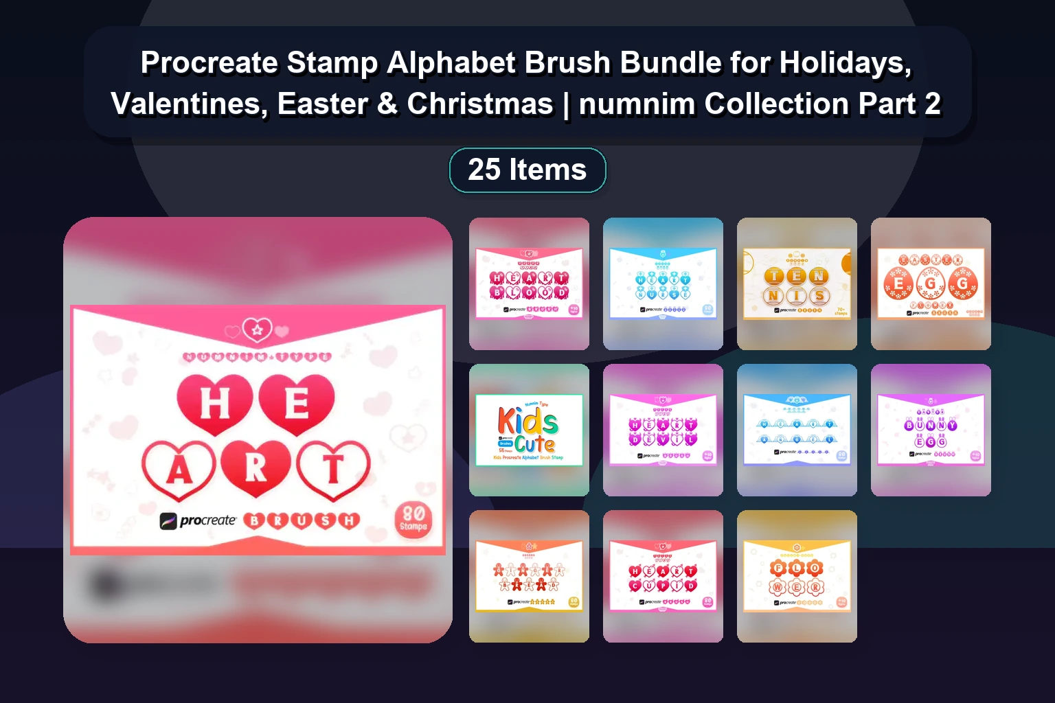 Procreate Stamp Alphabet Brush Bundle for Holidays, Valentines, Easter & Christmas | numnim Collection Part 2