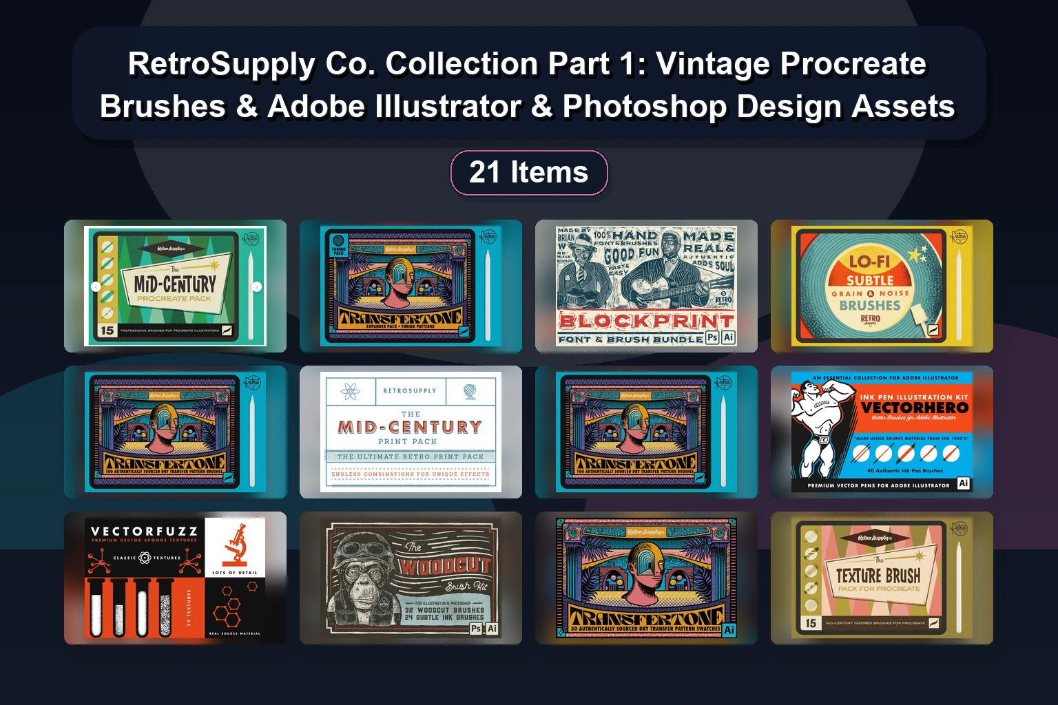 15 Retro & Vintage Brush Packs for Procreate & Adobe Illustrator | retrosupply.co Collection