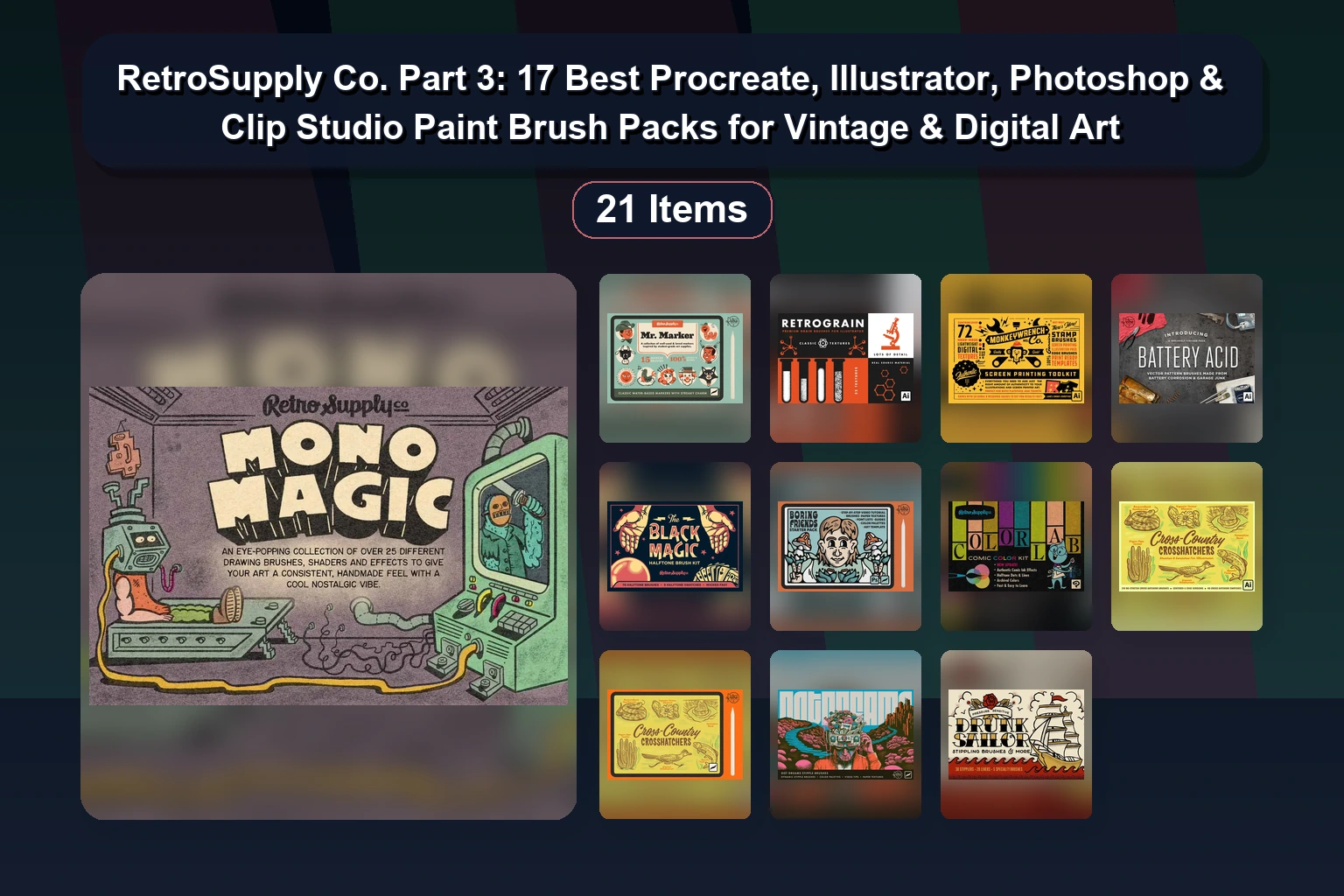 Retrosupply.co Collection Part 4 – Procreate & Illustrator Brushes, Textures & Fonts (2024)