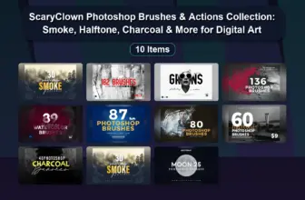 ScaryClown Photoshop Brushes & Actions Collection: Smoke, Halftone, Charcoal & More for Digital Art