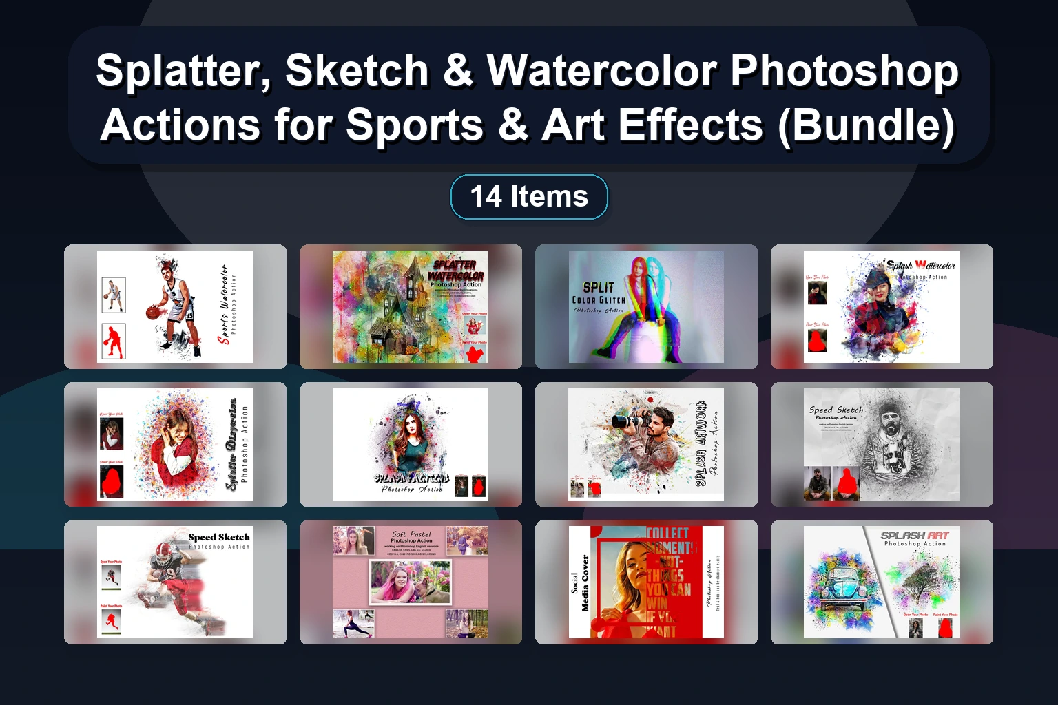 Splatter, Sketch & Watercolor Photoshop Actions for Sports & Art Effects (Bundle) Splatter Sketch Watercolor Photoshop Actions for Sports Ar collage 50517aef 1781863929