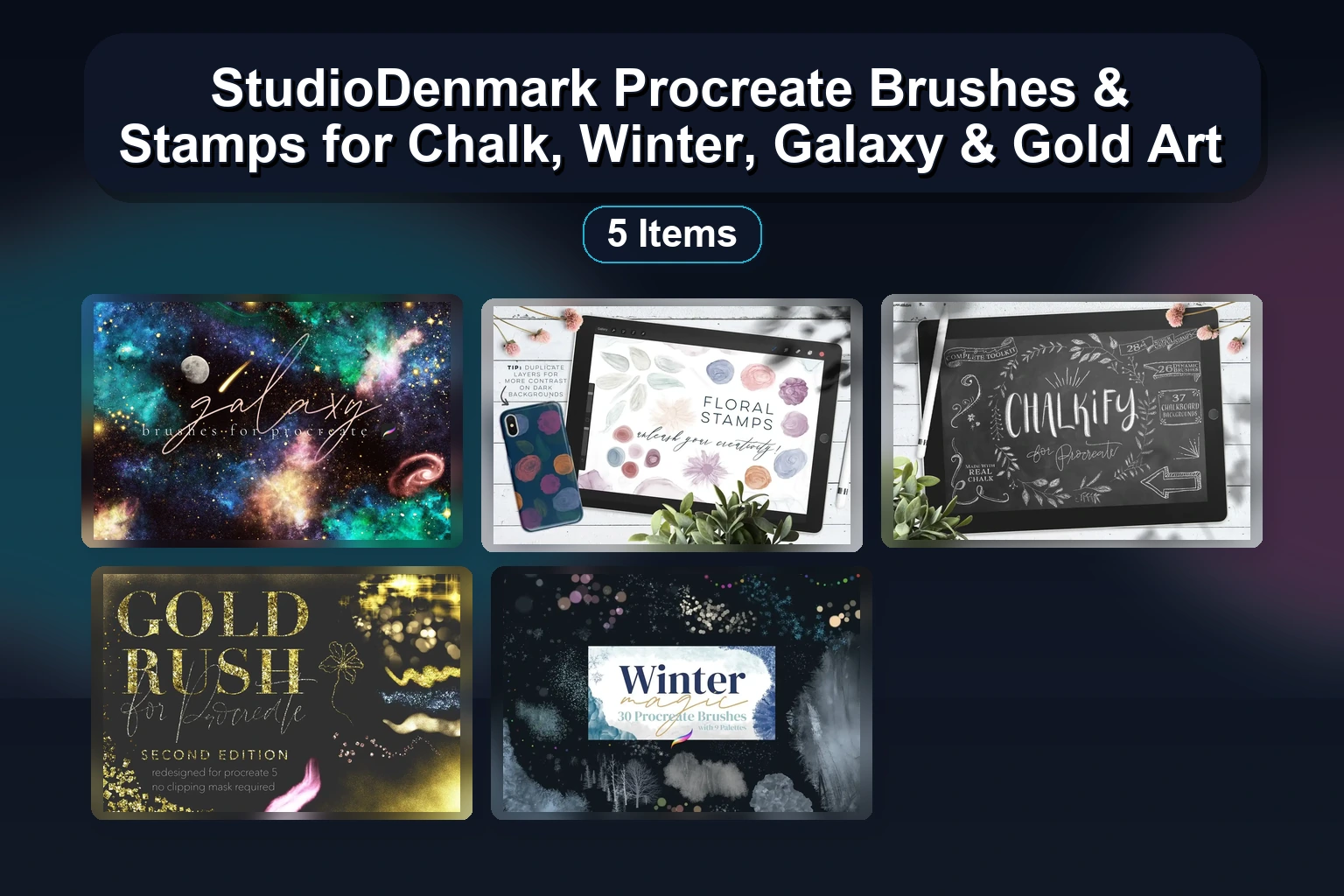 StudioDenmark Procreate Brushes & Stamps for Chalk, Winter, Galaxy & Gold Art