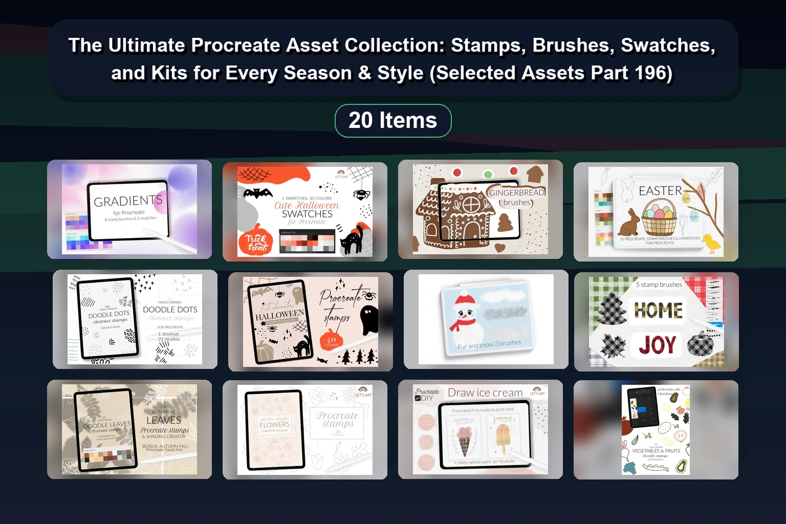20 Procreate Brushes, Stamps, Color Palettes & Lettering Sets for Digital Art