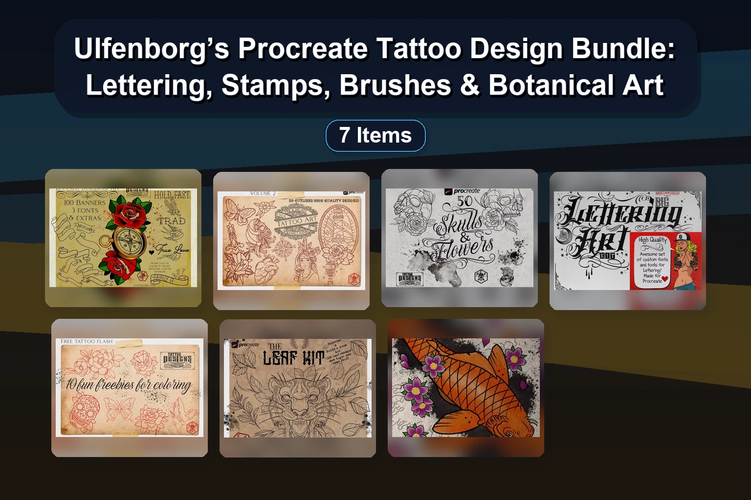 Ulfenborg’s Procreate Tattoo Design Bundle: Lettering, Stamps, Brushes & Botanical Art