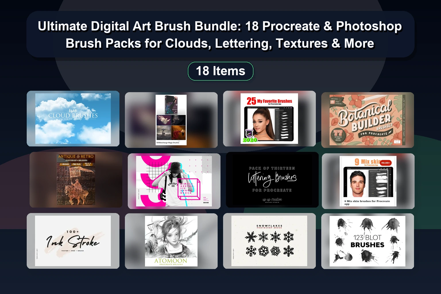 Ultimate Digital Art Brush Bundle: 18 Procreate & Photoshop Brush Packs for Clouds, Lettering, Textures & More Ultimate Digital Art Brush Bundle 18 Procreate Photoshop Br collage 4fdd6e7c 1781854021