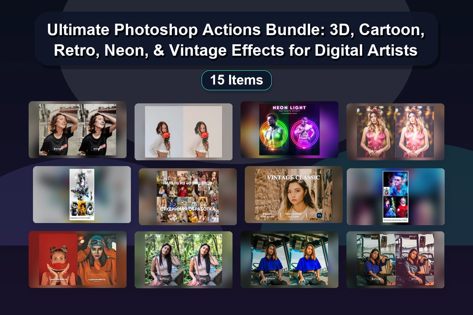 Ultimate Photoshop Actions Bundle: 3D, Cartoon, Retro, Neon, & Vintage Effects for Digital Artists 1 Ultimate Photoshop Actions Bundle: 3D, Cartoon, Retro, Neon, & Vintage Effects for Digital Artists Ultimate Photoshop Actions Bundle 3D Cartoon Retro Neon Vin collage 5ccda858 1781860181