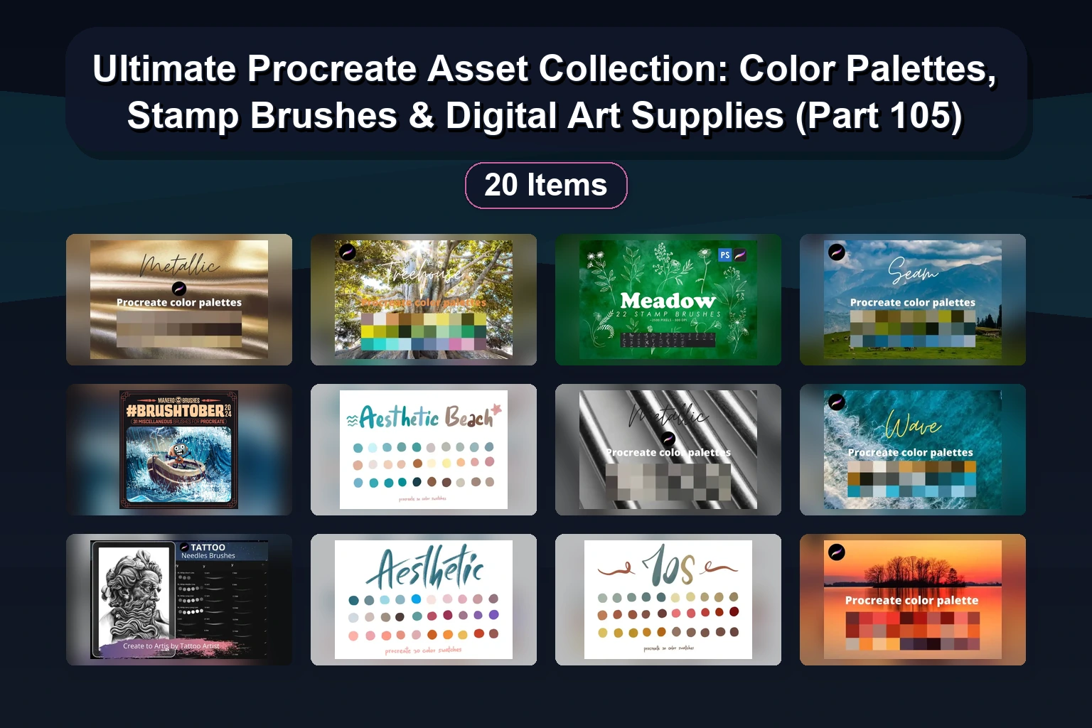 20 Procreate Color Palettes, Metallic Hues, Watercolor Brushes & Stamp Sets for Digital Art